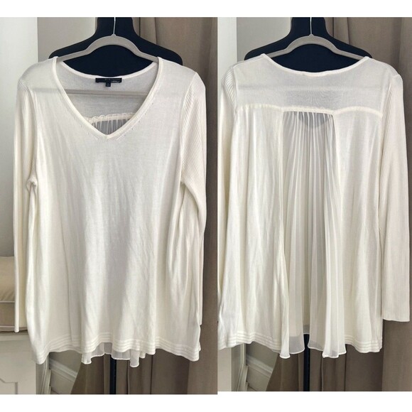 Elie Tahari Sweaters - Elie Tahari cream V Neck Knit Hi Low sweater Tunic Sheer pleated back L